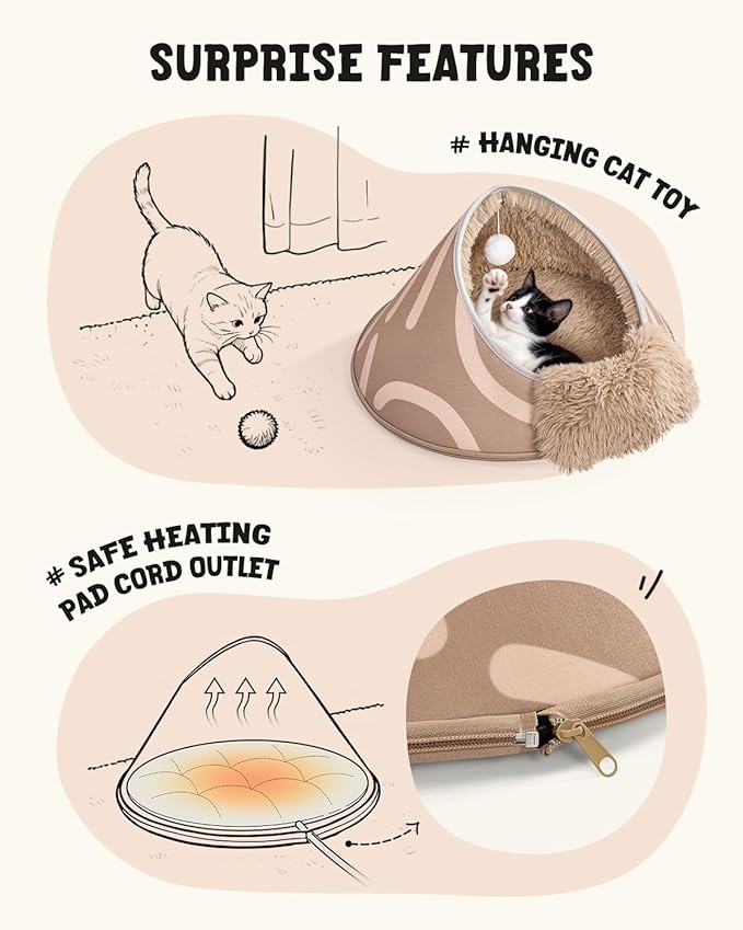 BurgeonNest 20-Inch Round Cat Bed Cave, Enclosed Hooded Pet House for Indoor Kittens, Anti-Collapse EVA Shell with Cord Access for Heating Pad, Washable Soft Plush, Brown