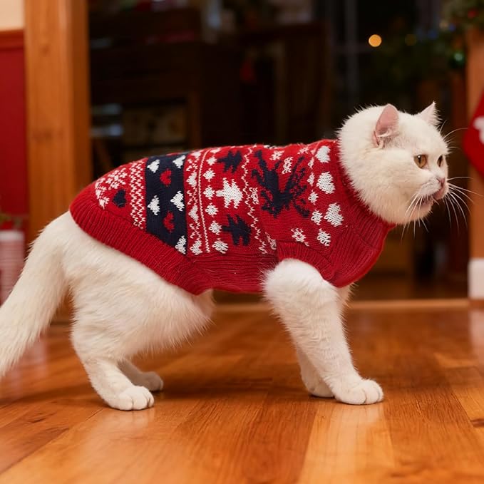 PUPTECK Christmas Cat Sweater, Soft Warm Turtleneck Pet Winter Clothes, Kitten Sweater Apparel, Knitwear Coat for Cats Puppy Outfit Cold Weather Clothes, Red S