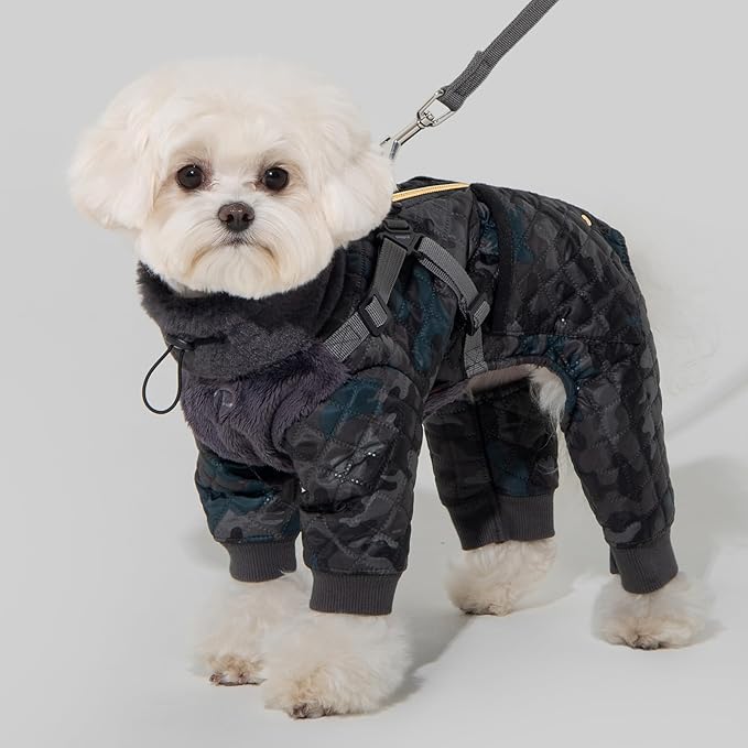 Puppia Bylur Mock Neck Full Zip up Warm Winter Jumpsuit with Integrated Harness for Small and Medium Dogs, Black, X-Large