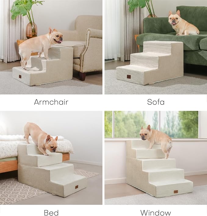 ABCPET Dog Stairs for High Bed, Dog Steps for Bed Couch Sofa, 35D Foam Extra Wide Pet Steps for Small Dogs and Cats, Pet Stairs with Non-Slip Bottom Beige, 4 Steps