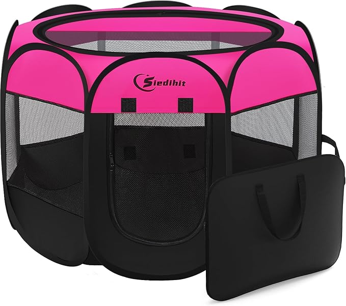 Siedihit Dog Playpen, Puppy Pet Playpens Indoor for Small Dogs Tent Crates Cage Indoor/Outdoor, Portable Pop Up Dog Kennel Playpen with Carrying Case for Dogs/Cats/Rabbits, Hot Pink