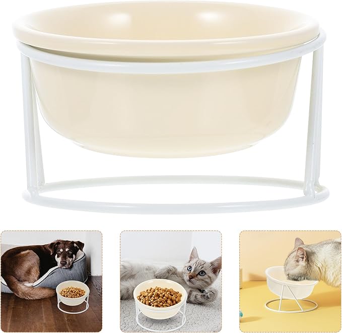 Ceramic Cat Food Bowl Elevated Feeder with Iron Rack Neck Protection Raised Feeding Bowl for Indoor Cats and Kittens