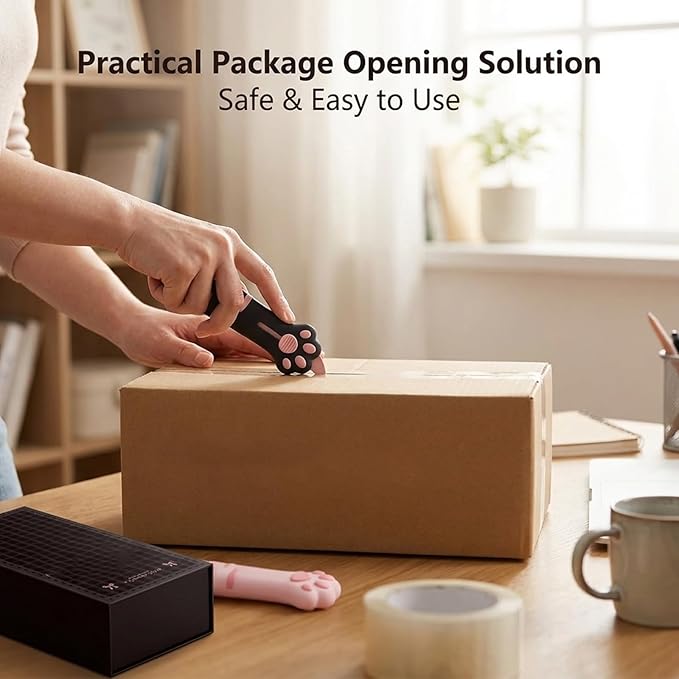 Pink and Black Two-Pack，Cat Paw Box Cutter, Retractable Cat Claw Box Cutter, Stainless Steel Blade for Package Opening