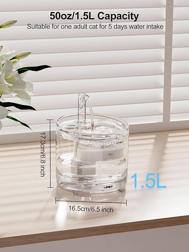 NPET Cat Drinking Fountain WF050, Brushless Ultra Quiet Pump, 1.5L Pet Fountain with Faucet Outlet, 1 Sensor Switch, 1 Filter