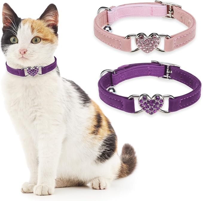 BINGPET 2 Pack Diamond Cat Collar with Bells and Safety Belt, Adjustable Soft Velvet Kitten Collar with Bling Heart Jewelry, Cute Purple & Pink Cat Collars for Girls & Boys(Neck Girth 8"-10")