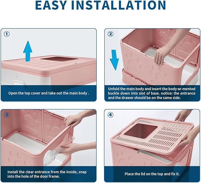 Medario Cat Litter Box with Litter Mat and Scoop, Large Covered Litter Box with Lid, Enclosed Kitty Box, Front Entry Top Exit, Odor Control, Easy to Clean (Pink)