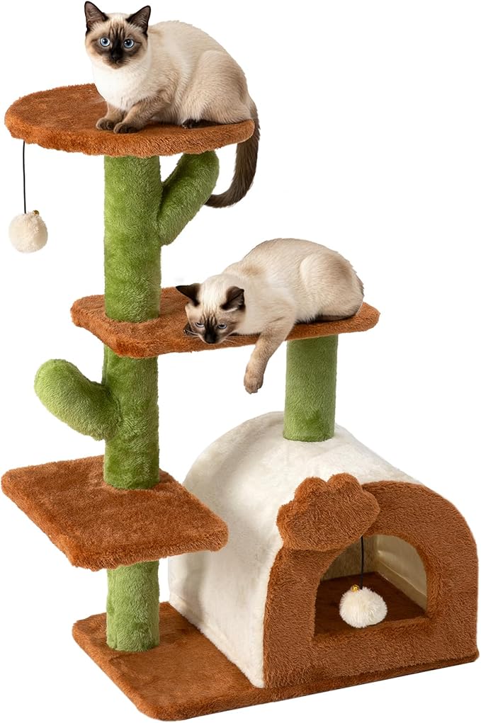Cactus Cat Tree for Indoor Cats, 27.5'' Small Cat Tower with Cozy Condo, Wide Top Perch Multi-Level Climbing and Lounging Space, Brown