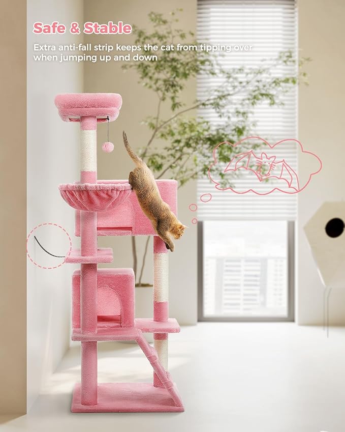 MUTTROS Pink Cat Tree for Large Cats with Super Large Top Perch,56.2" Multi-Level Tower for Indoor Cats with Hammock, Cat Shelves with Scratching Posts and 2 Condos Houses, Pink