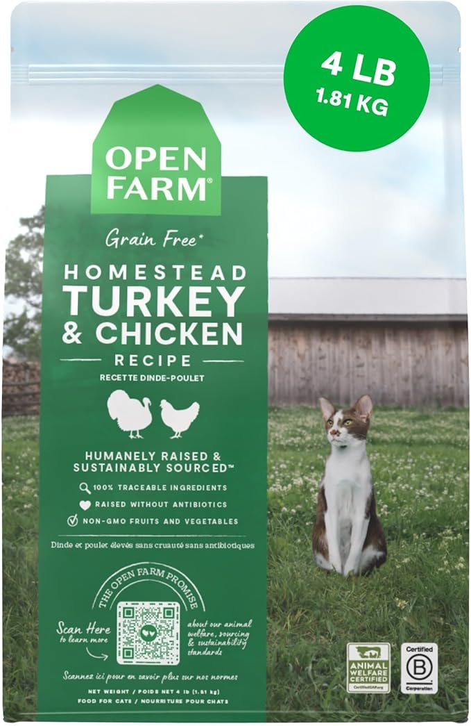 Open Farm, Grain Free Dry Cat Food, High-Protein Kibble for a Complete & Balanced Diet, Non-GMO Fruits & Vegetables, Prebiotic Fibers to Support Digestion, Homestead Turkey & Chicken Recipe, 4lb Bag