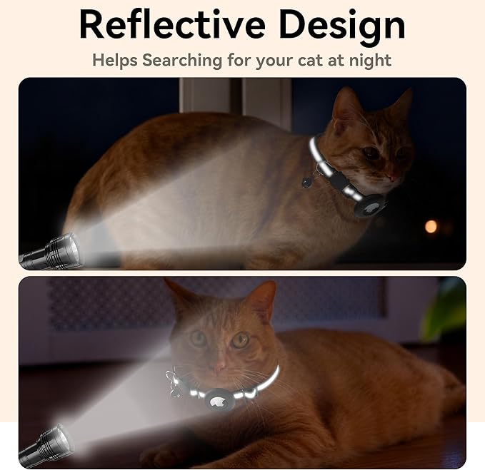 Meliya Airtag Cat Collar Breakaway with Bell, Adjustable Reflective Pet Kitten Collar with Apple Air Tag Holder Case for Girl Boy Cats (Striped Black)