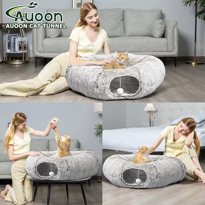 AUOON Cat Tunnel Bed for Indoor Cats - Large Cat Donut Tunnel with Hanging Ball Toy, Collapsible 2-in-1 Multifunctional Interactive Cat Toy for Kitten, Puppy, Rabbit, Ferret (Light Pink)