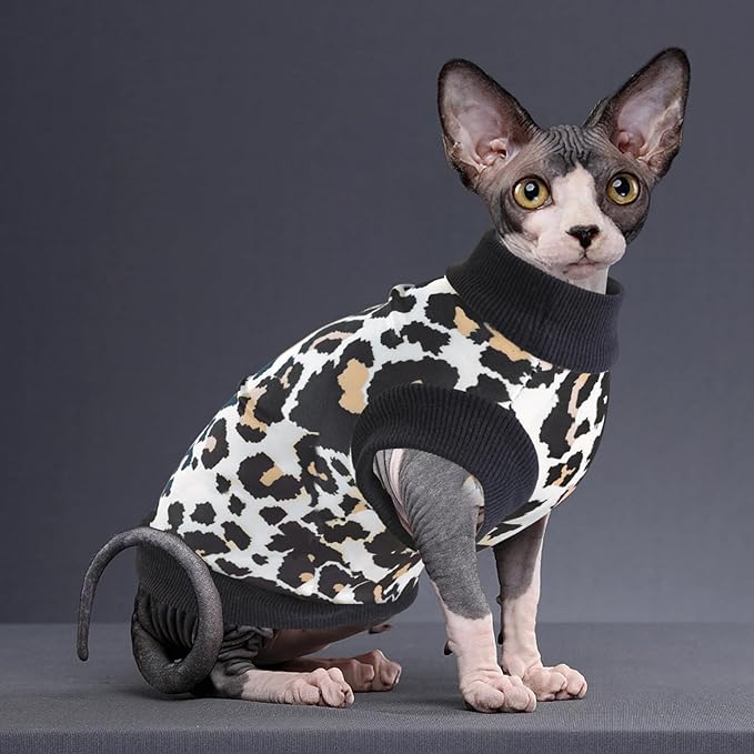 Idepet Cat Clothes Kitten Sweater Soft Kitten Shirt Cute Leopard Print Kitty Vest Pullover Pajamas Jumpsuit Cotton Apparel for Hairless Cats &Puppy (White,XXL)