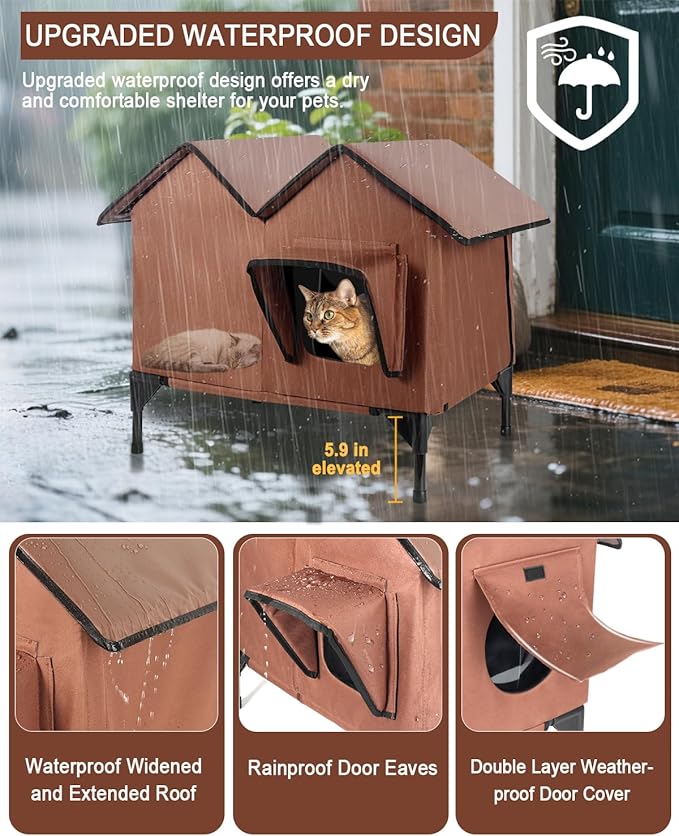 Outdoor Cat House Weatherproof - Insulated Cat Houses for Outdoor Cats - Large Outside Cat House - Waterproof Feral Cat Shelter with Escape Doors & Elevated Base