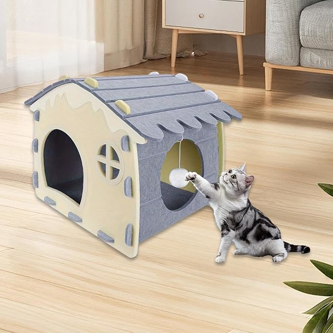 Felt Cat House Sleeping Bed Cozy Hideaway for Small Large Cats Bunny Scratch Resistant Pet Furniture- Grey