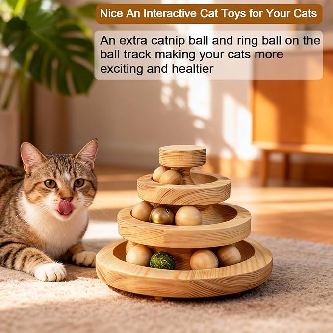 Wooden Cat Toy Ball Track Interactive Cat Toys for Indoor Cats 3 Tier Cat Tower with 9 Removable Balls Bell Catnip Toys for Cats Mental Physical Exercise Kitten Toys Puzzle