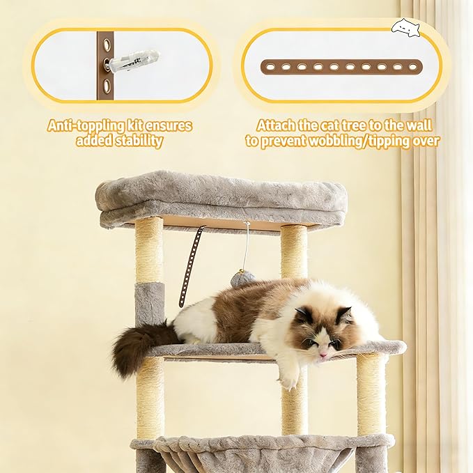 Cat Tree, 66 Inches Modern Cat Tower for Indoor Cats, Multi-Level Tall Cat Tree for Large Cats with Sisal-Covered Scratching Posts, Padded Platform, Hammock, and Condo, Grey