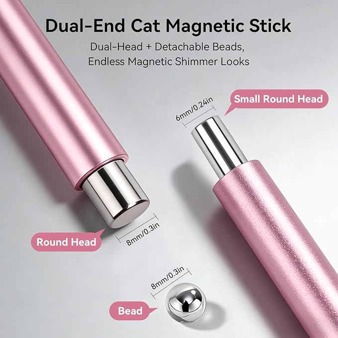 BORN PRETTY 3-in-1 Cat Magnetic Eye Magnet for Nails,Dual-Ended Cylindrical Magnetic Wand with Round Beads Multi-Function Cat Magnetic Eye Magnet Stick 3D Magnet Nail Art Design Tool for DIY(Pink)