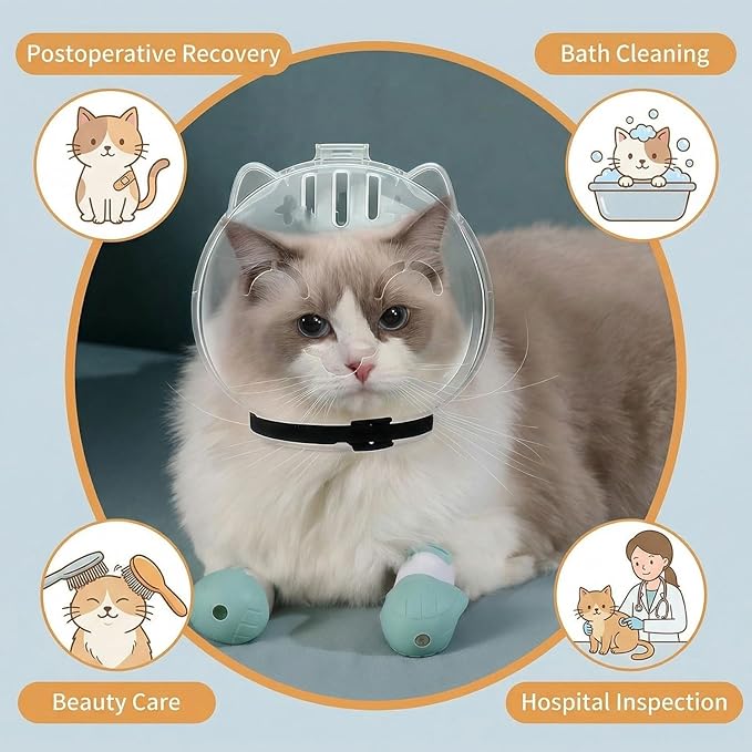 Transparent Cat Helmet with 4 Silicone Paw Covers, Adjustable Breathable Cat Muzzle Restraint for Bathing, Nail Trimming & Grooming (L)