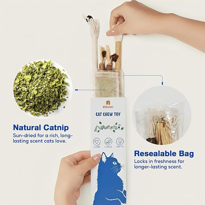 3-Pack Cat Chew Toys, Silvervine Sticks and Cat Chew Rope, Dental Care for Bored Indoor Cats, Interactive Toys with Refillable Catnip for Kittens Teeth Cleaning