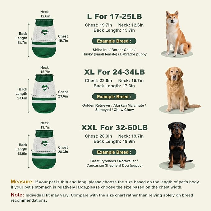 Dog Sweater Knitted for Small to Large Dogs Boy Girl, Classic Turtleneck Dog Christmas Sweaters, Warm & Soft Pet Clothes for Winter (Love Green, L)