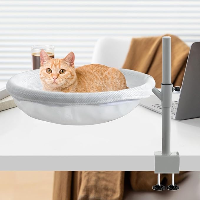 Desk Cat Bed Hammock, 360 Rotating Cat Nest Seat, Space Saving Pet Bed Mounted On Table with Washable Cushion Cover, Modern Cats Furniture for Home Office Setup Desktop Use