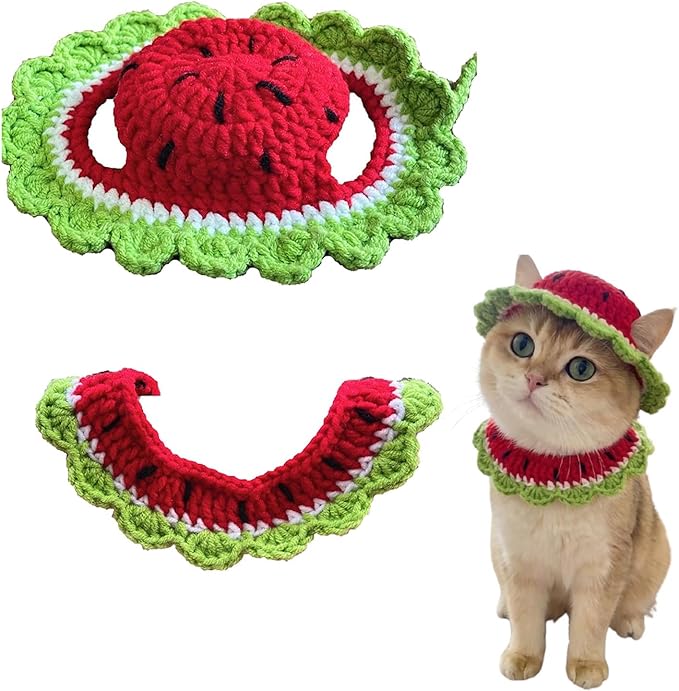 Handmade Crochet Watermelon Kitten Cat Hat Bowtie Collar | Cute Knitted Breakaway Cat Tie Collars Ideal for Birthdays, Pet Parties, Seasonal Celebrations (Red and Green)