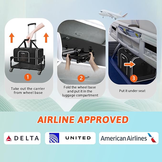 Petskd Small Pet Carrier with Wheels(18" L x 11" W x 11" H), Delta/American/United Airlines Approved, Rolling Pet Carrier for Small Dogs & Cats (Black)