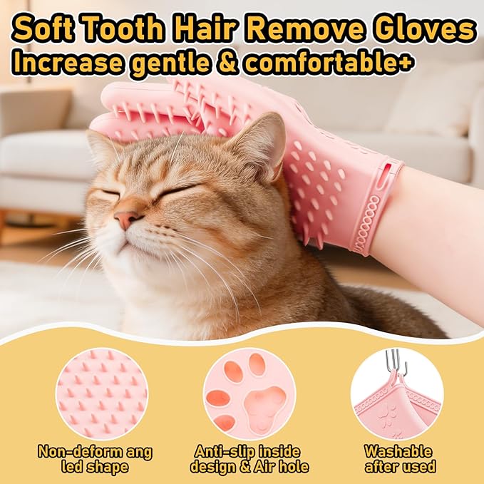 Hair Removal Glove & Pet Grooming Gloves 2 Pair, Upgrated Silicone Pet Hair Remover Gloves Shedding Glove for Long & Short Hair, Bath Grooming Glove with Gentle Brush for Horse Sensitive Pets, Pink