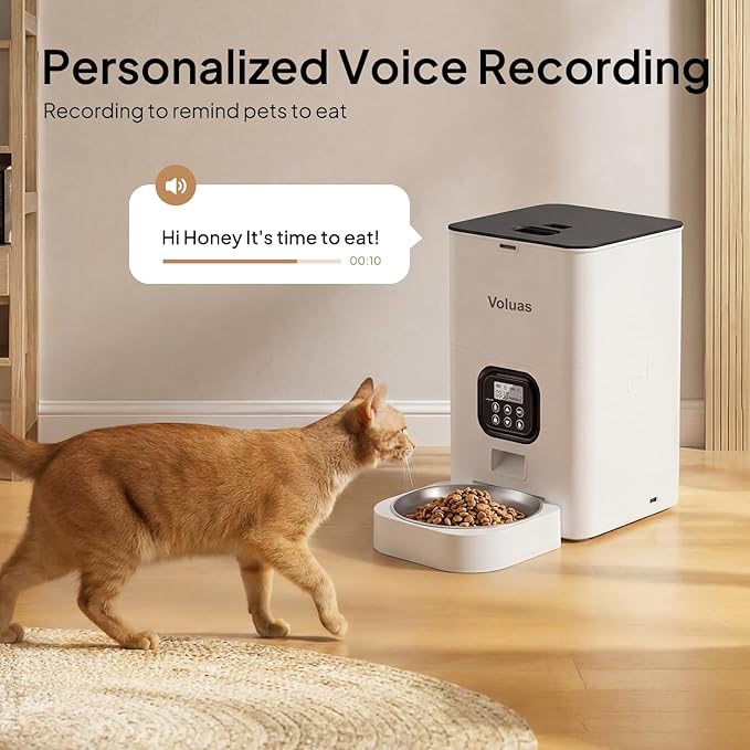VOLUAS Automatic Cat Feeders - Pet Food Dispenser for Dry Food, Timed Cat Feeder with Desiccant Bag, Programmable Portion Size Control 4 Meals Per Day, 10s Voice Recorder
