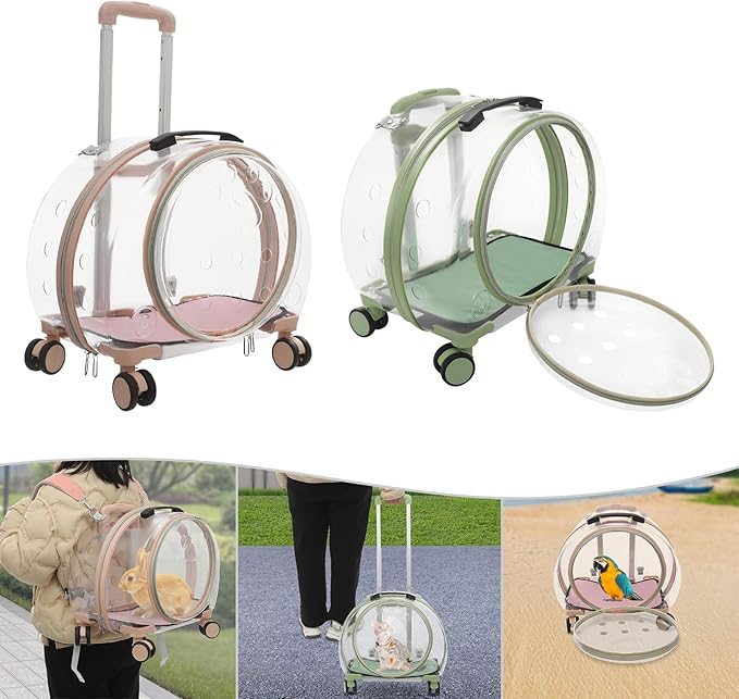 Cat Backpack Carrier, 17.7in Transparent & Fully Breathable Dog/Cat Carrier with Rolling Wheels + Telescopic Handle, Applicable Cat Weight 20 Lbs for Traveling, Taking A Walk. (Green)