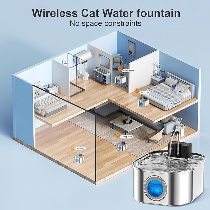 Wireless Cat Water Fountain with 3 Filters + 3 Sponges,[Rechargeable & Faucet ] Stainless Steel Battery Operated,108oz/ 3.2l Automatic Cordless Pet Fountain -Dog Fountain with 4200 Mah Battery