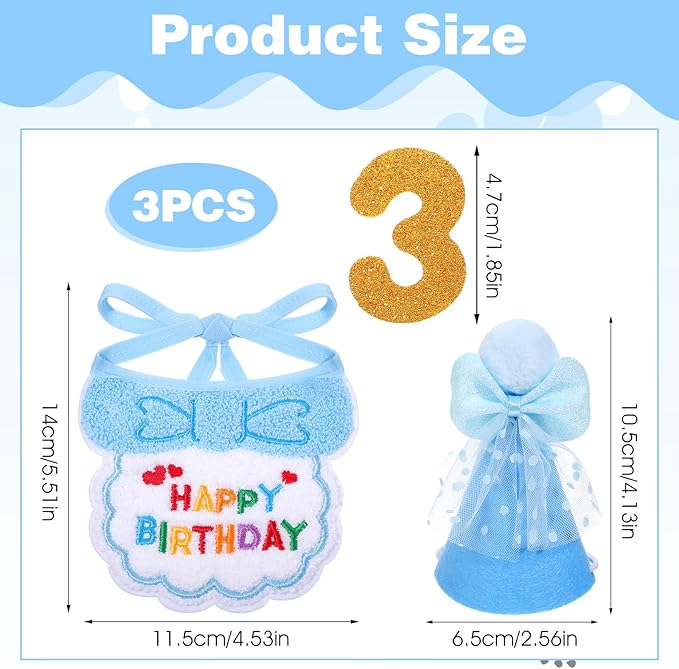 Blue Cat Birthday Hat, Cats Party Bandana Hat Numbers for Pet Birthdays Decorations