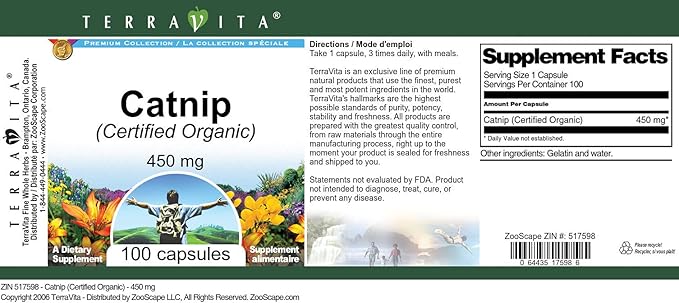 Catnip (Certified Organic) - 450 mg (100 Capsules, ZIN: 517598)