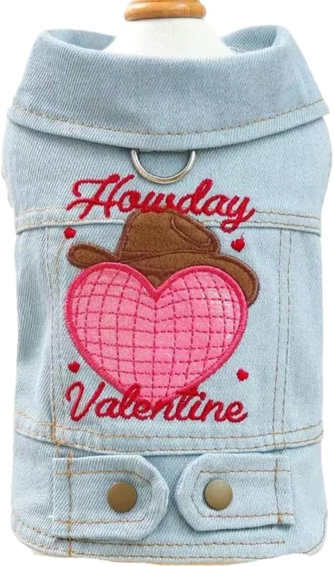 Valentine Denim Dog Jacket for Small Dogs Cats, Cute Cowboy Heart Embroidered Pet Vest with D-Ring for Leash, Lightweight Puppy Outfit for Daily Wear & Holidays(L)