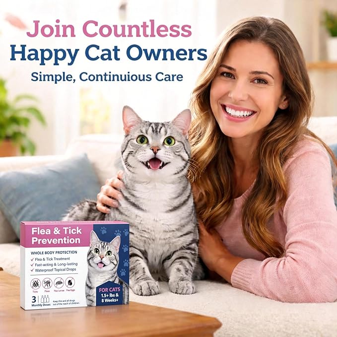 Topical Flea & Tick Drops for Cats & Kittens, Waterproof Monthly Care for Cats Over 1.5 lbs and 8 Weeks or Older, 3 Doses (3-Month Supply)