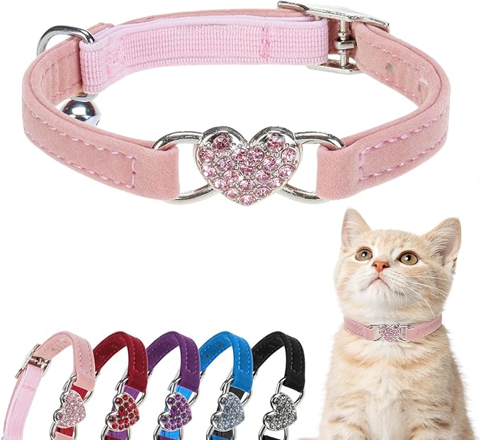 BINGPET Diamond Cat Collar,Adjustable Soft Velvet Leather Safe Kitten Collar with Crystal Heart Charm and Bells,Girl Boy Bling Stylish Cat Collars with Safety Elastic (Pink, Neck Girth 8"-10")