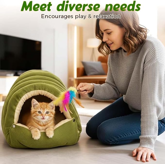 Cozy Monster Cat Bed, Cat Beds for Indoor Cats, Cat Cave Bed Cat Tent with Removable Cushion, Warm Cave Nest Sleeping Bed Puppy House for Cats Small Dogs, Anti-Anxiety Cuddler Beds(Green,L)