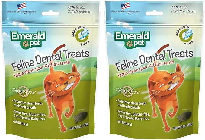 Emerald Pet 2 Pack of Feline Dental Treats for Cats, 3 Ounces Each, with Real Tuna, Made in The USA