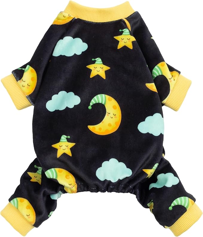 Fitwarm Moon and Stars Dog Fleece Pajamas, Cozy Winter Clothes for Small Dogs Boy Girl, Funny Pet Outfit, Black, Yellow, Large