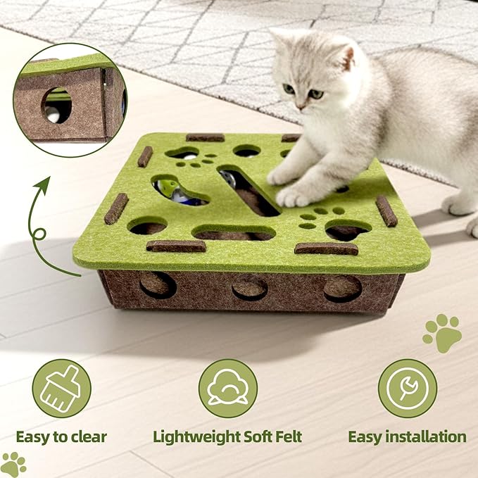Interactive Soft Felt Cat Puzzle Toy with Ball and Bell，Cat Toy Box for Indoor Cats and Kittens，Indoor Hunting Play Toy to Stimulate Your Cat’s Energy and Instincts (Green+Orange Power Ball)