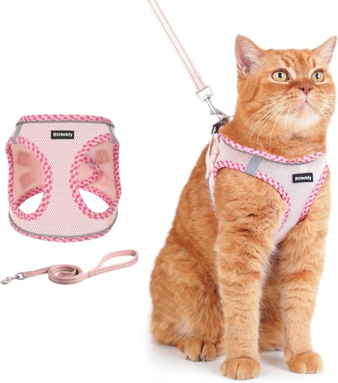 Rttochfy Cat Harness and Leash Set, Escape Proof Kitten Harness, Soft and Breathable Vest with Reflective Strip, Easy to Wear for Cats Walking and Traveling (Pink, S)