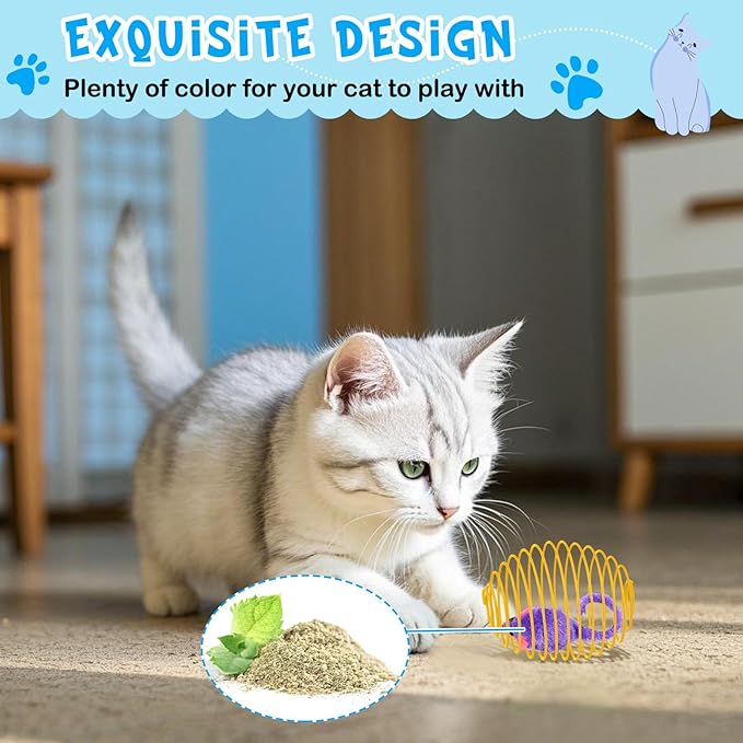 Jecery 5 Pcs Cat Spring Balls Toys Stretchable Rolling Balls Colorful Playful Coils Interactive Action Toy Caged Rats for Kitten Pet Supplies (Catnip Rats,Multicolor)