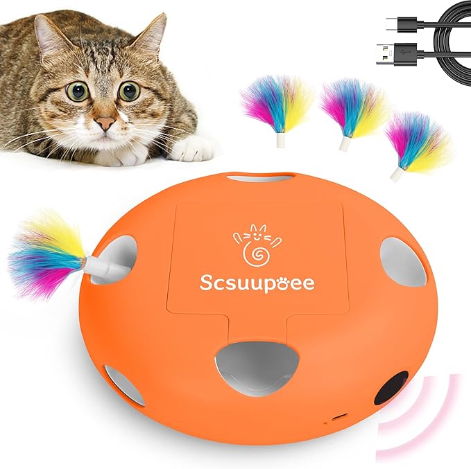 2-in-1 Rechargeable Interactive Cat Toy, Smart Sensor Pop-Up Feather Toy with 7 Holes, USB Powered Automatic Kitten Toy for Indoor Cats, Orange