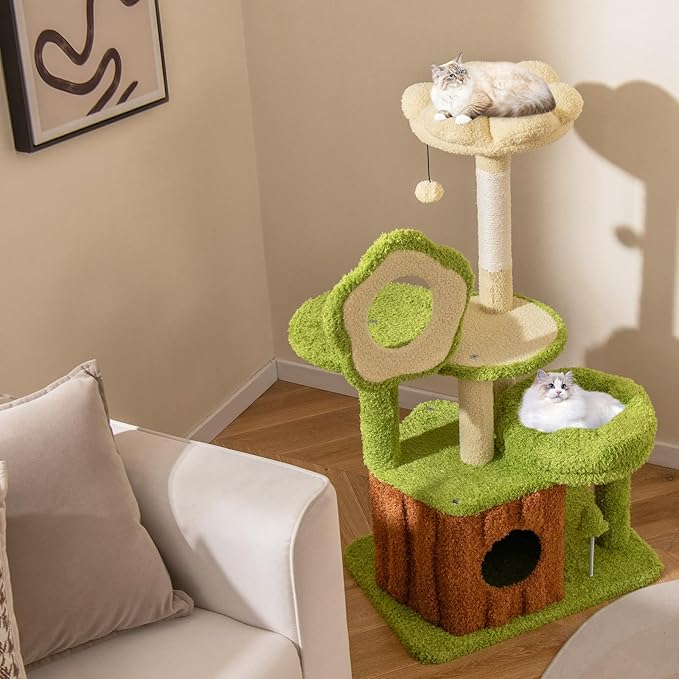 PETSITE Forest-Themed Multi-Level Cute Cat Tree, 40 Inches Tall with Sisal Scratching Posts, Condo, Dangling Ball, and Spring Toy, Ideal for Indoor Small & Medium Cats (21.5 x 16 x 40 inches)