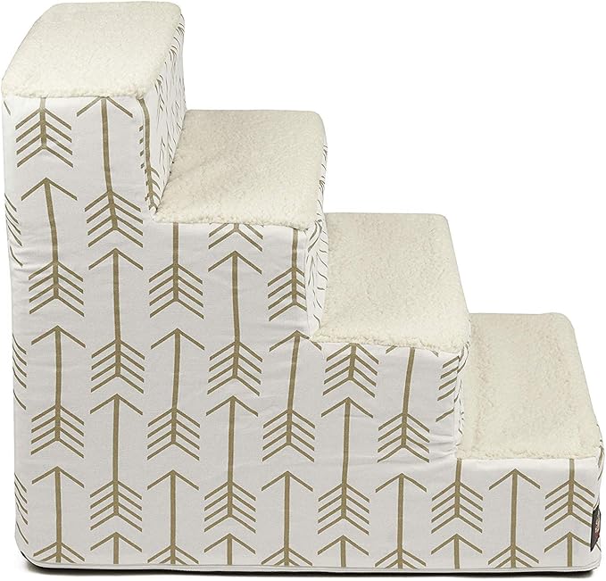 Majestic Pet 4 Step Portable Dog Stairs for Small Dogs to get on Bed Supports 250 lbs or Less – Dog Steps for High Bed with Machine Washable Cover –Pet Stairs for Cats Arrow White/Gold