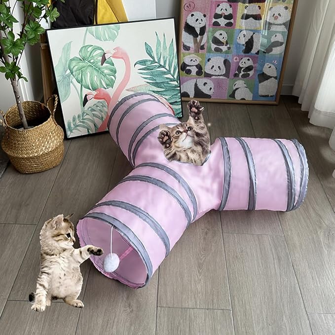Cat Tunnel Tube Toy Collapsible 3 Way Pink Grey, Pet Tunnels for Indoor Cats, Play Tubes with Hanging Ball Perfect for Kitten, Puppy, Rabbit, Interactive Toys for Fun Playtime & Exercise