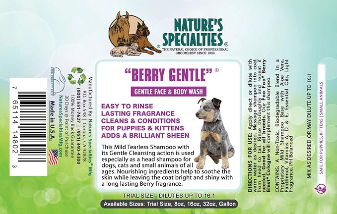 Nature's Specialties Berry Gentle Ultra Concentrated Face and Body Wash for Pets, Makes up to 2 Gallons, Natural Choice for Professional Groomers, Gently Cleanses The Skin and Coat, Made in USA, 16 oz