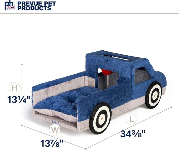 Prevue Pet Products Kitty-150 Cat and Dog Bed and Play Truck - Funny Novelty Dog & Cat Car Bed with Scratcher, Large & Cozy, Easy to Assemble, Removable Pillow, Included Swatting Toy - Blue