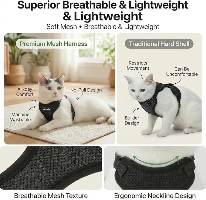 Luxelle 2 Pack Escape-Proof Cat Harness and Leash Set for Walking – Adjustable No Pull Soft Vest with Easy-Wear Buckle, Reflective Straps, Breathable Mesh – Outdoor Travel Harness for Cats & Kittens