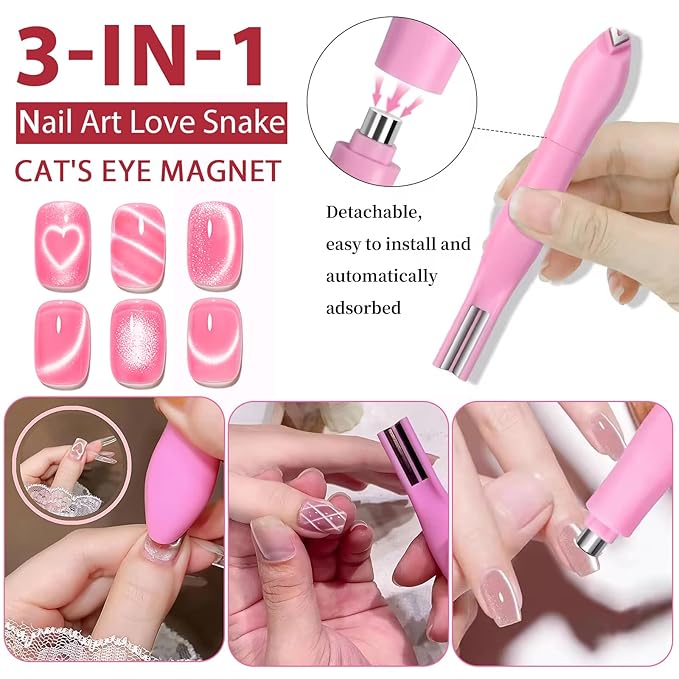 WOKOTO 2 PCS Nail Magnets For Nail Art Designs Tools For Nails, 3 In 1 And 4 In 1 Cat Eye Magnets Pen Sticks For Cat Eye Magnetic Nails, Heart, Grid & French Nail Art Designs Nail Polish Magnet Set
